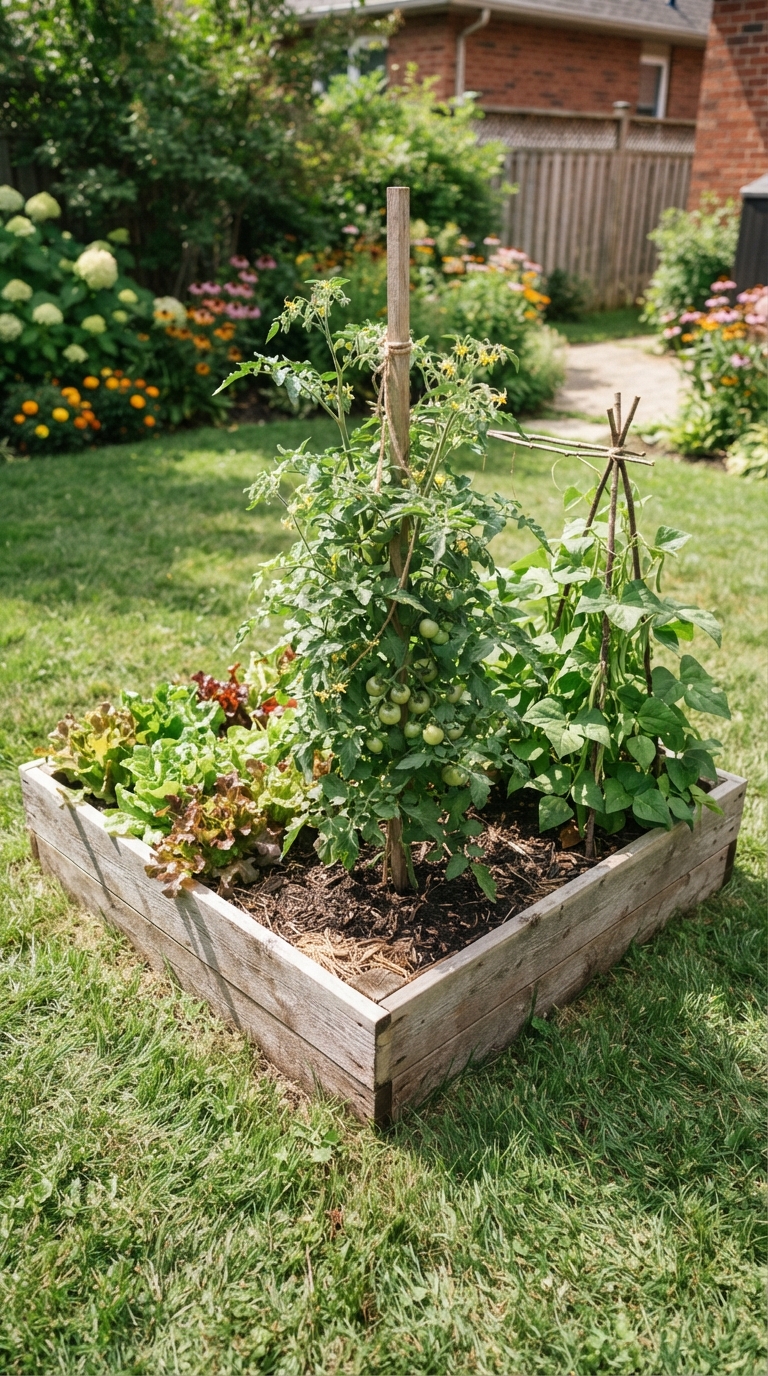 Small 4x4 raised bed planted with beginner vegetables like lettuce and tomatoes