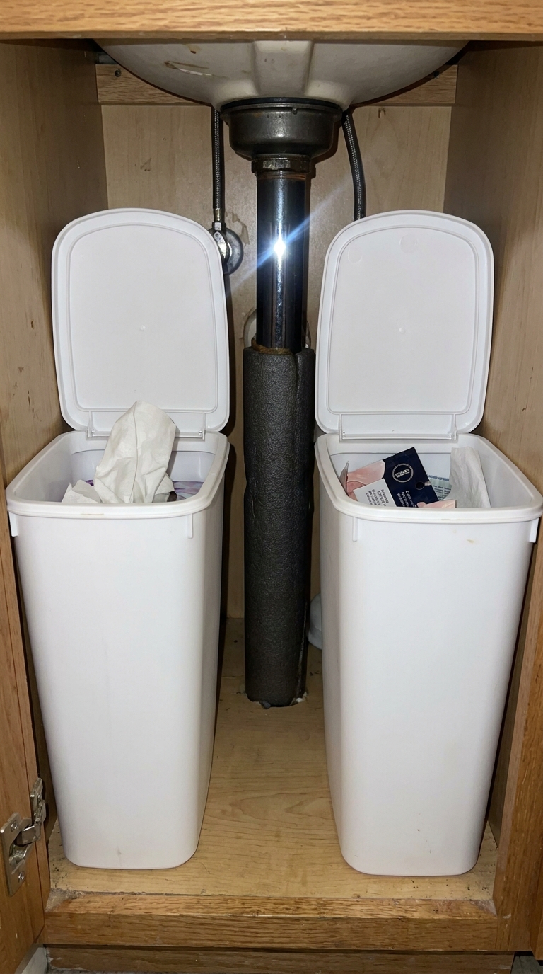 Slim storage bins fitted beside bathroom sink pipes