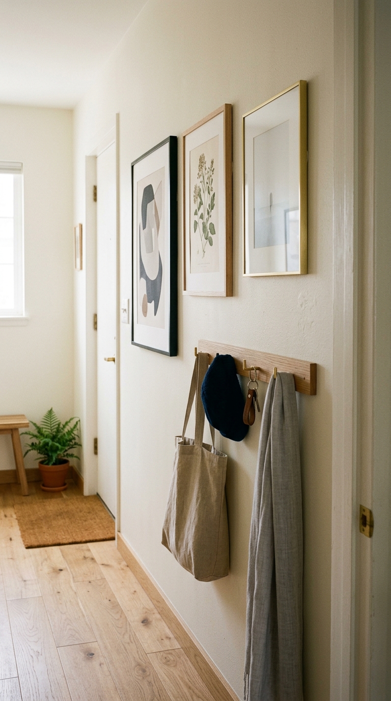 Slim flat-profile art and hook rail in a narrow entryway walkway