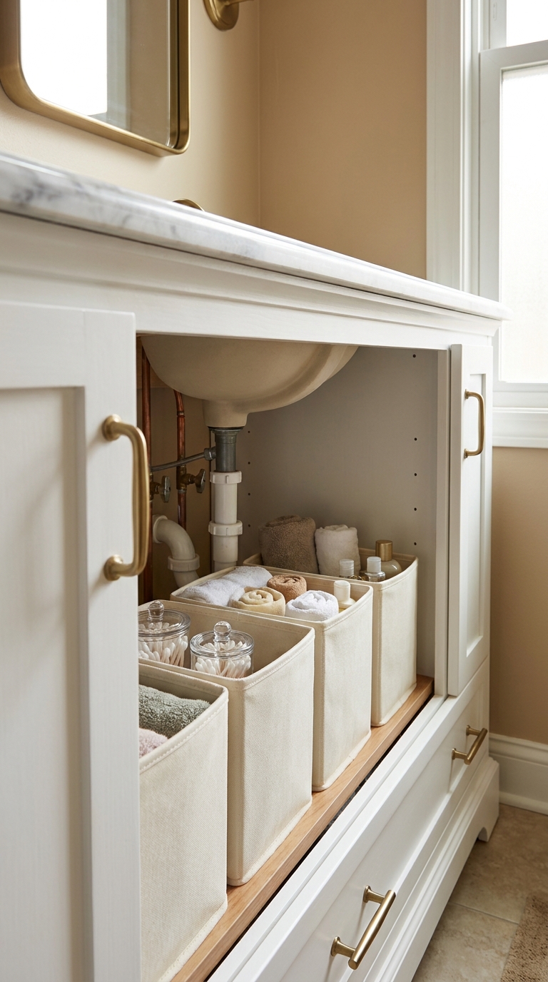 Single-file slim bins organizing a narrow bathroom sink cabinet