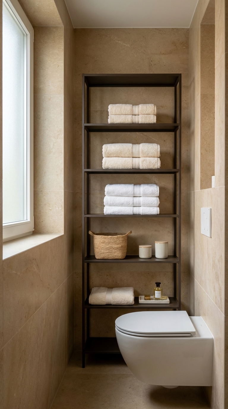 Slim freestanding vertical shelf storing folded towels beside a bathroom toilet