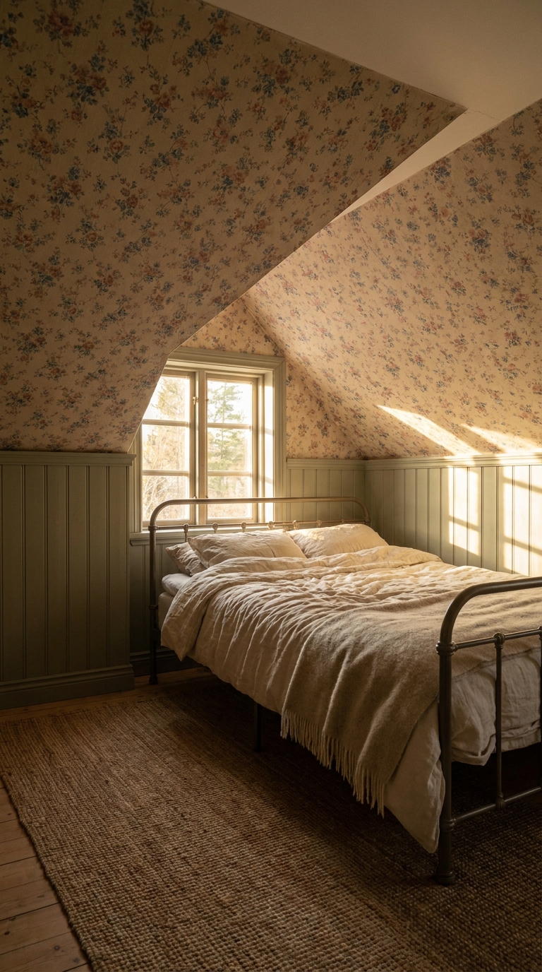 Attic bedroom with floral wallpaper on a sloped ceiling above a bed with cream linen bedding