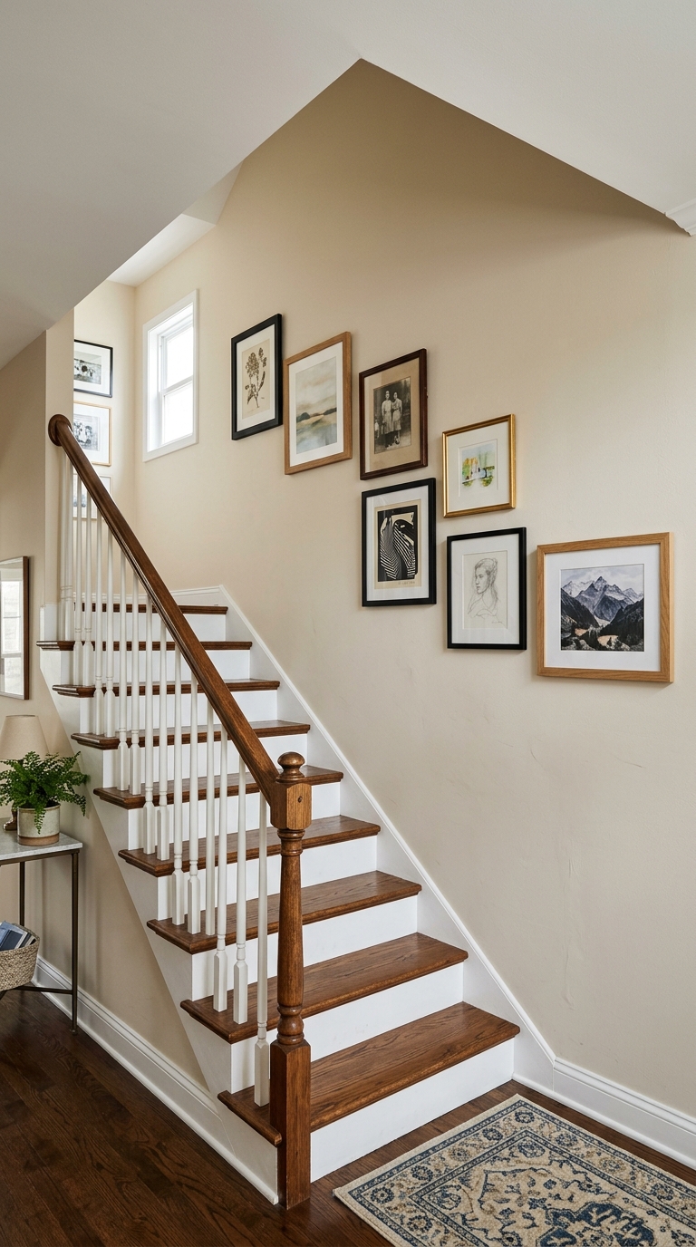 Framed art stepped along a sloped stairwell wall in an entryway