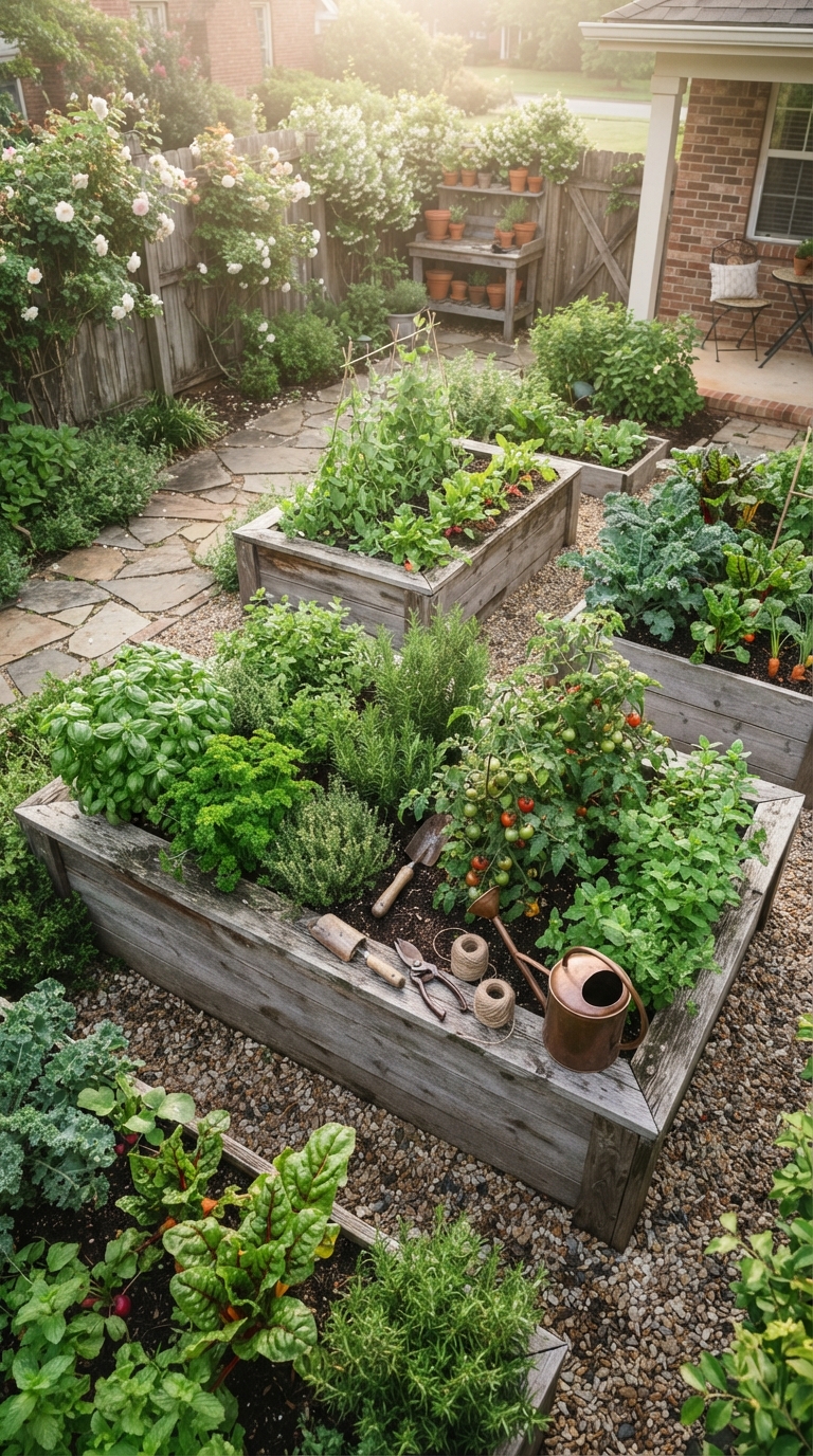 Small backyard kitchen garden with raised beds, fresh herbs and vegetables