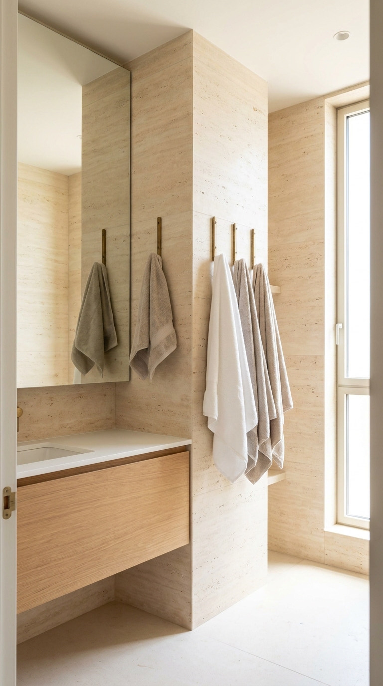Space-saving towel hook wall in a small luxury bathroom