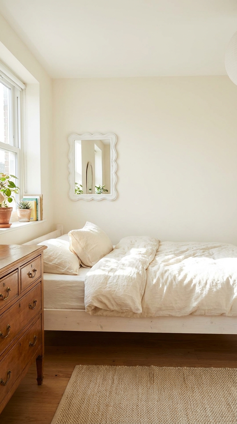 Small French country bedroom with a low white bed frame and scalloped mirror