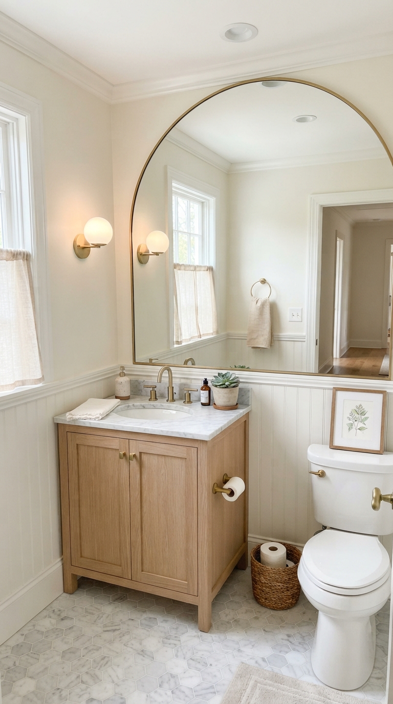 Small half bathroom decorated to feel bigger and brighter