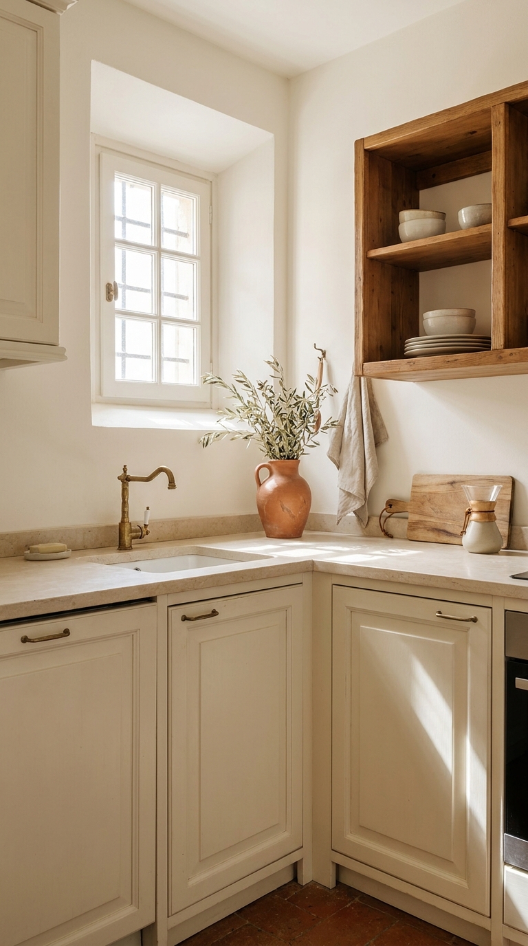 Small Italian-inspired apartment kitchen with warm cream walls, natural wood accents, and simple curated decor.
