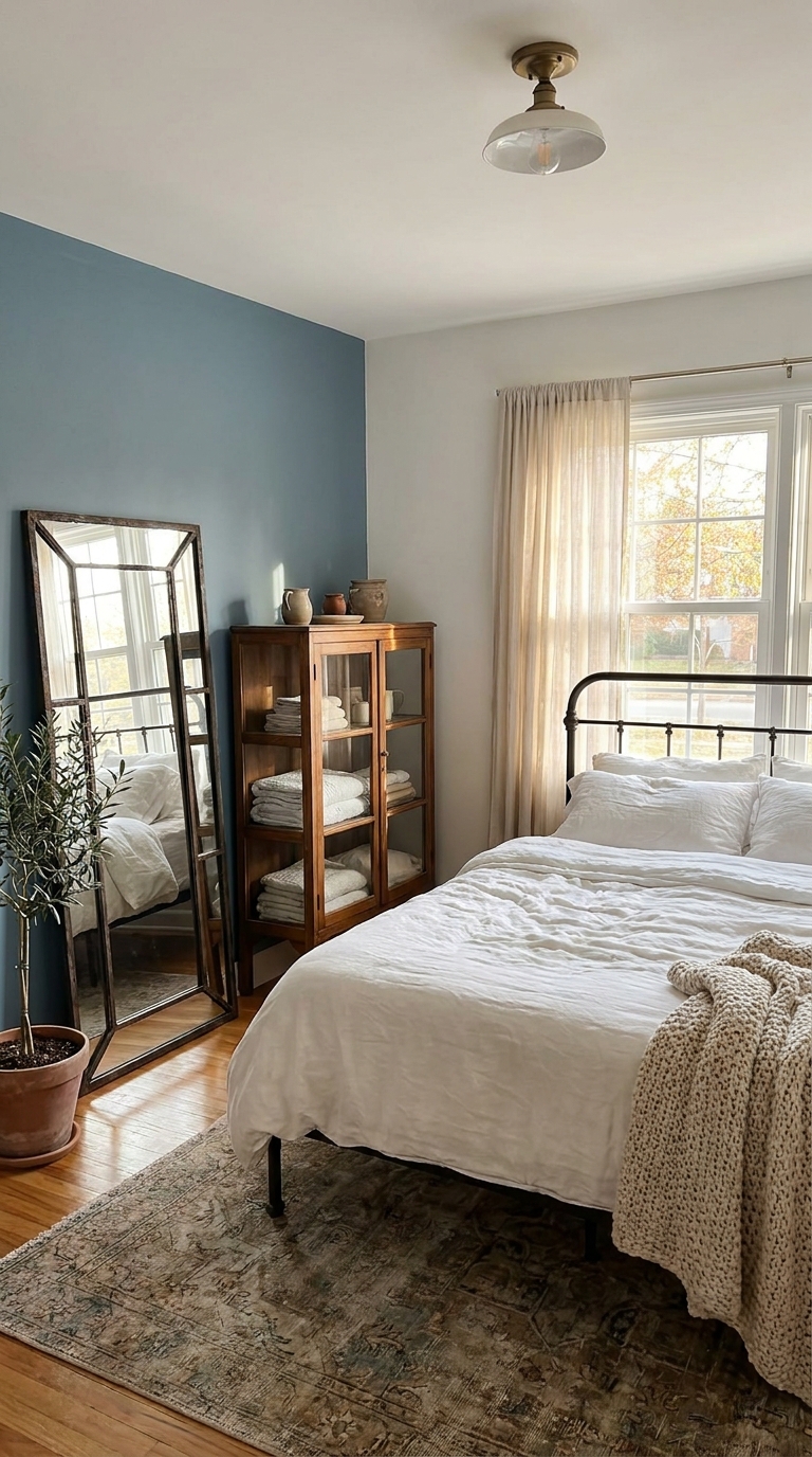 Soft blue and white French country bedroom accent wall