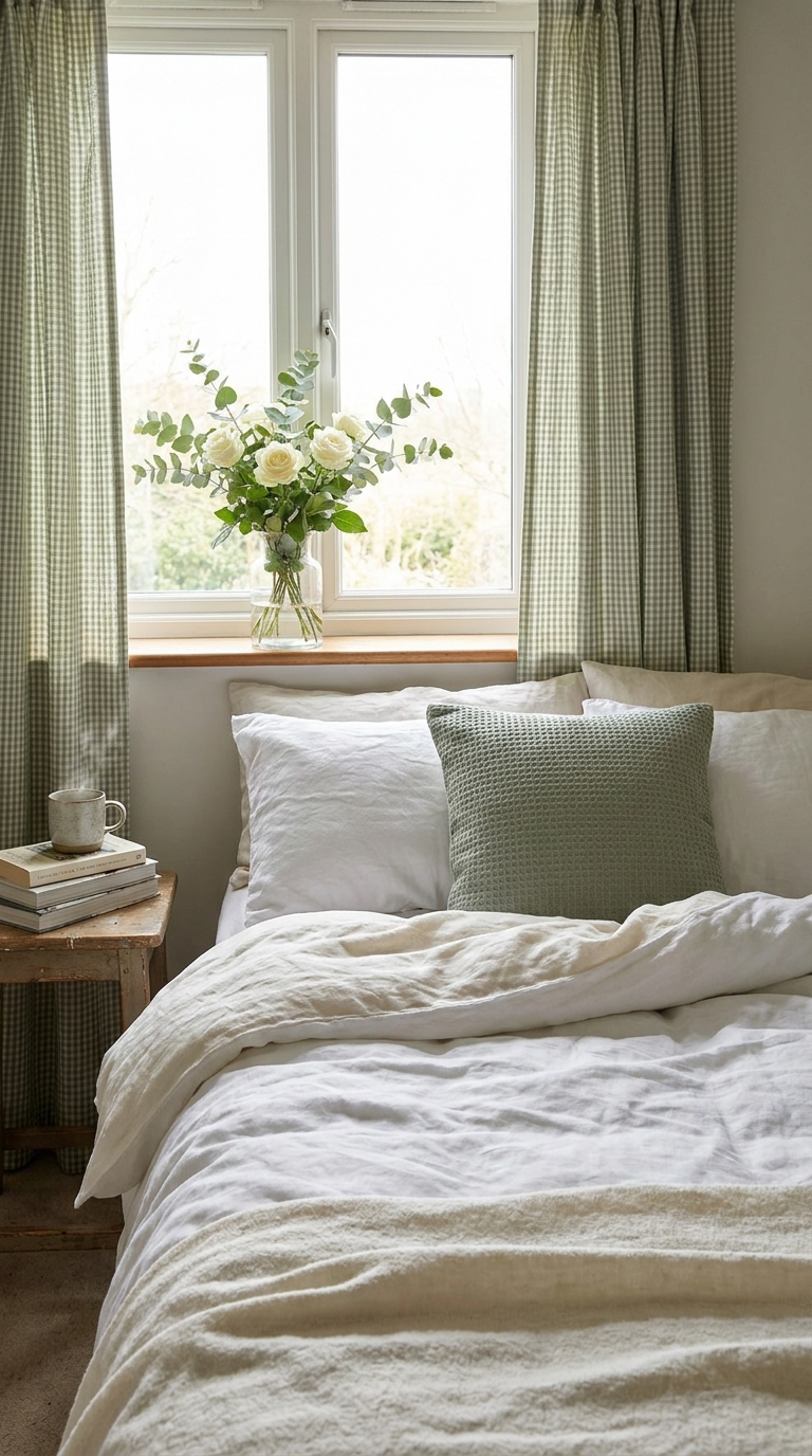 Bed by a window with cream bedding, a sage pillow, and gingham curtains