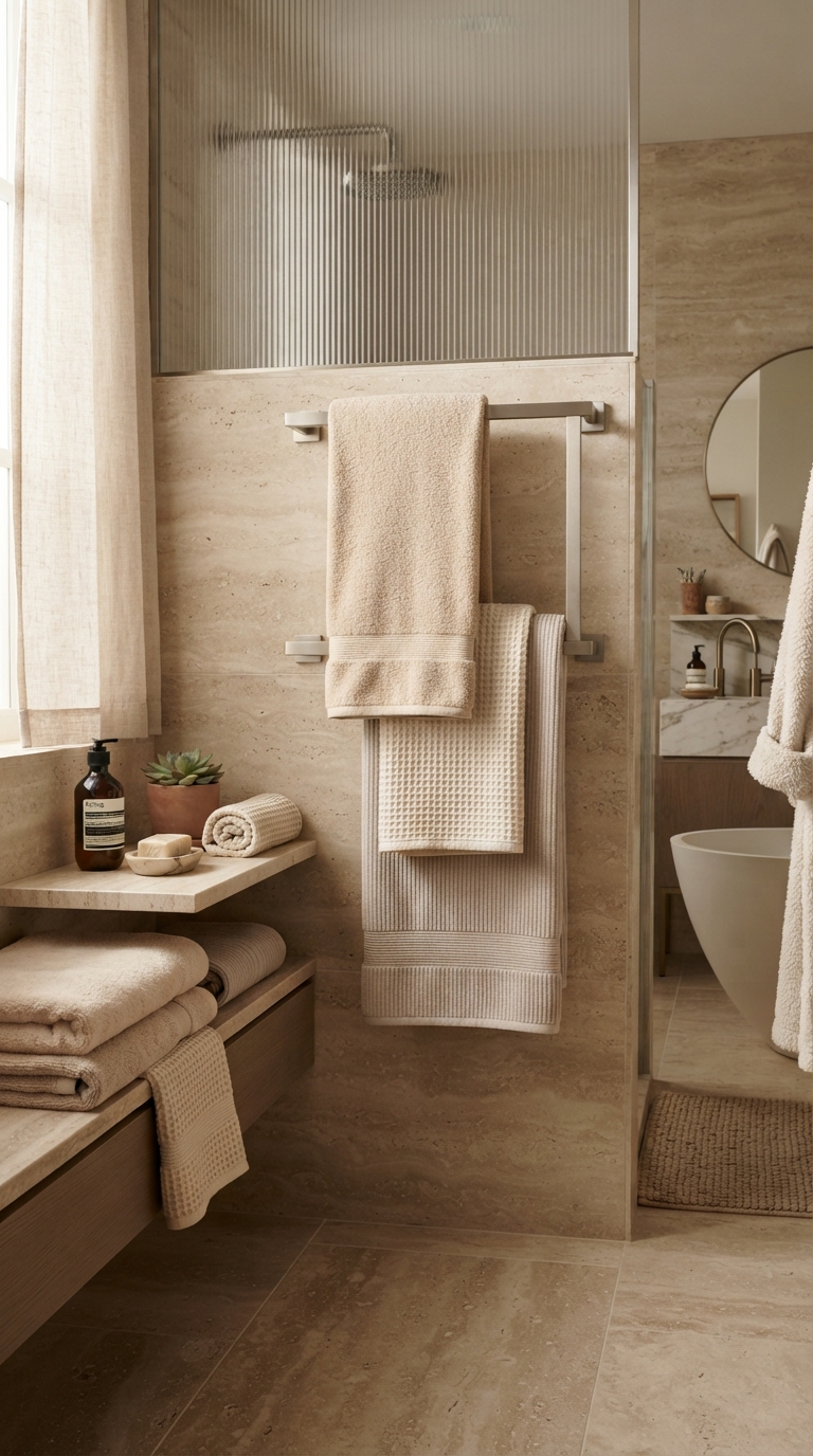 Plush waffle and ribbed towels creating a spa-level texture mix in a bathroom