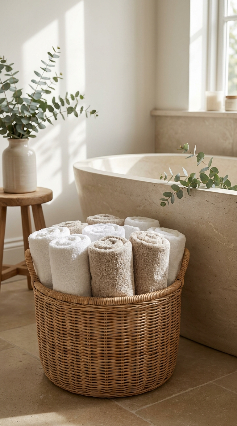 Rolled spa-style towels displayed in a woven basket beside a bathtub