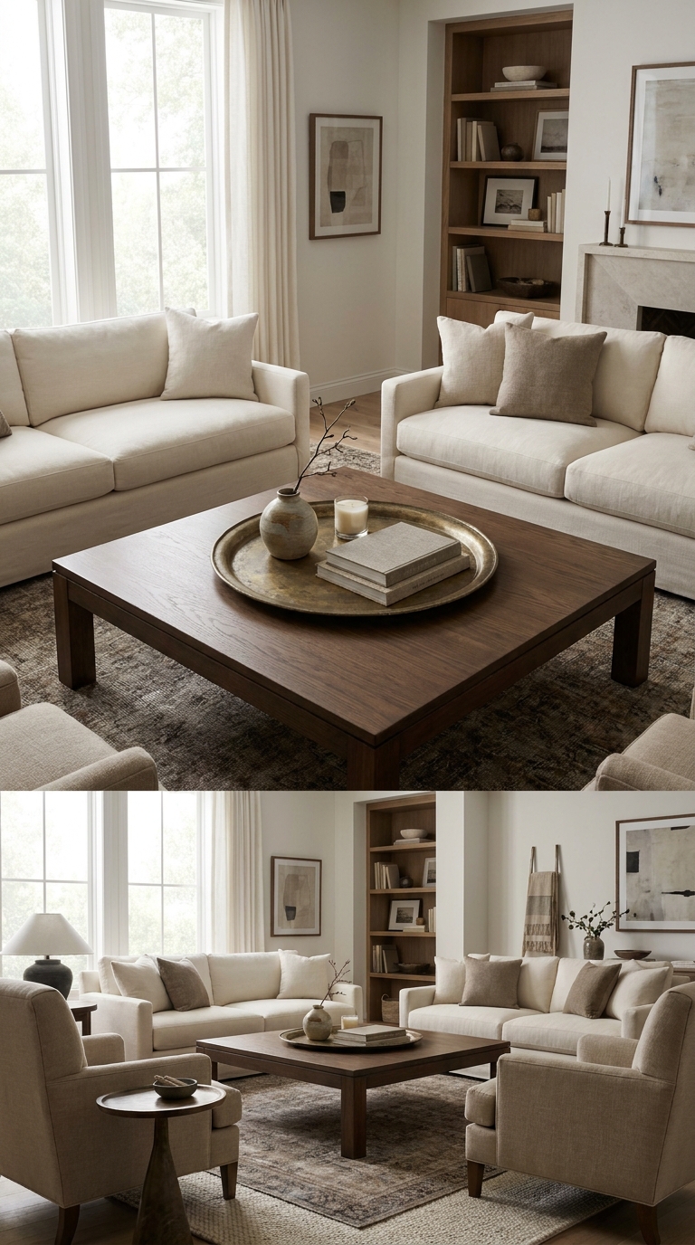 Square coffee table with a centered tray and layered decorative accents