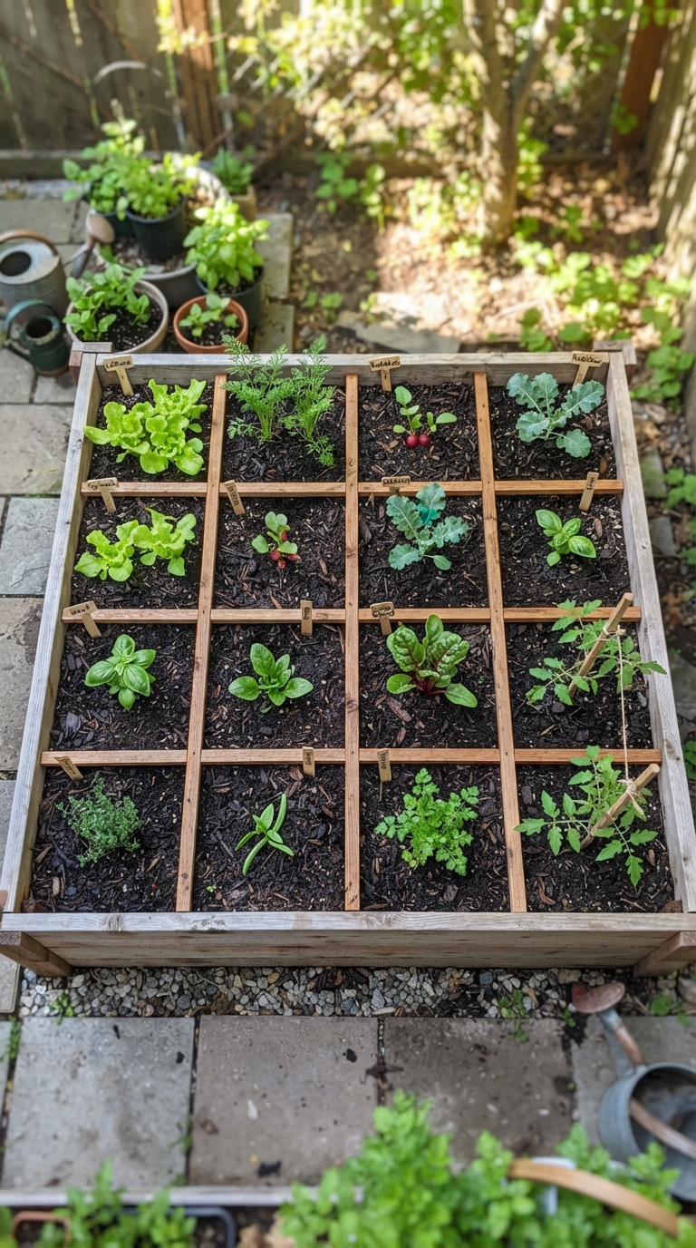 Square-foot vegetable garden bed divided into a grid with different crops in each section
