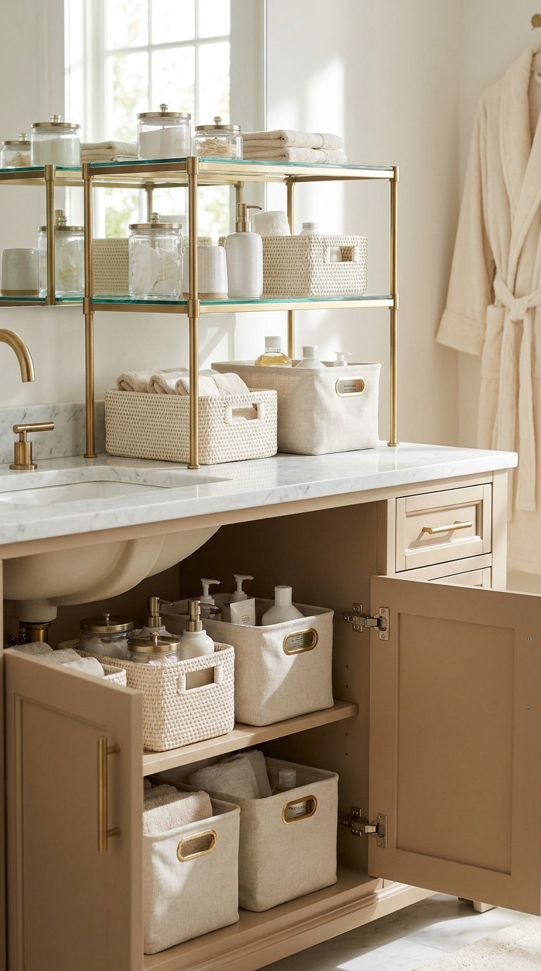 Stackable riser shelf creating two storage levels under bathroom sink