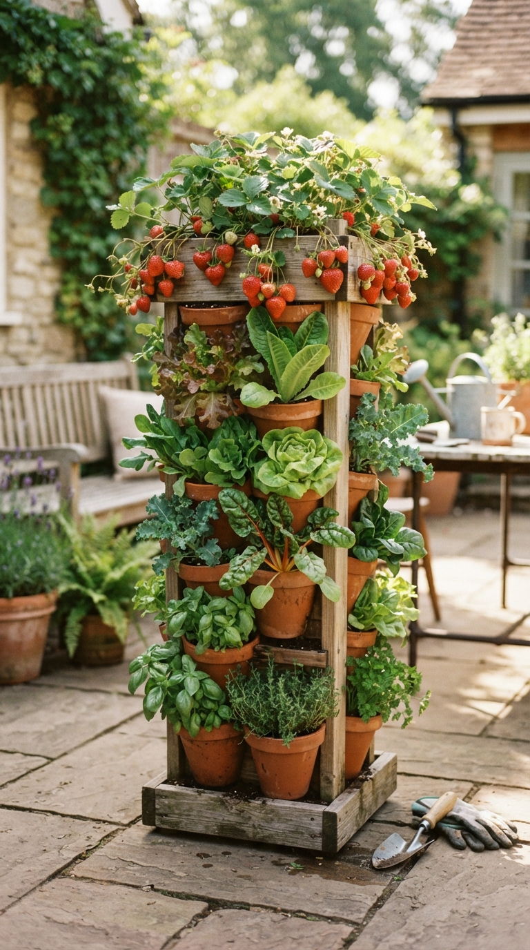 Tiered vertical planter with strawberries and leafy greens on a sunny pati