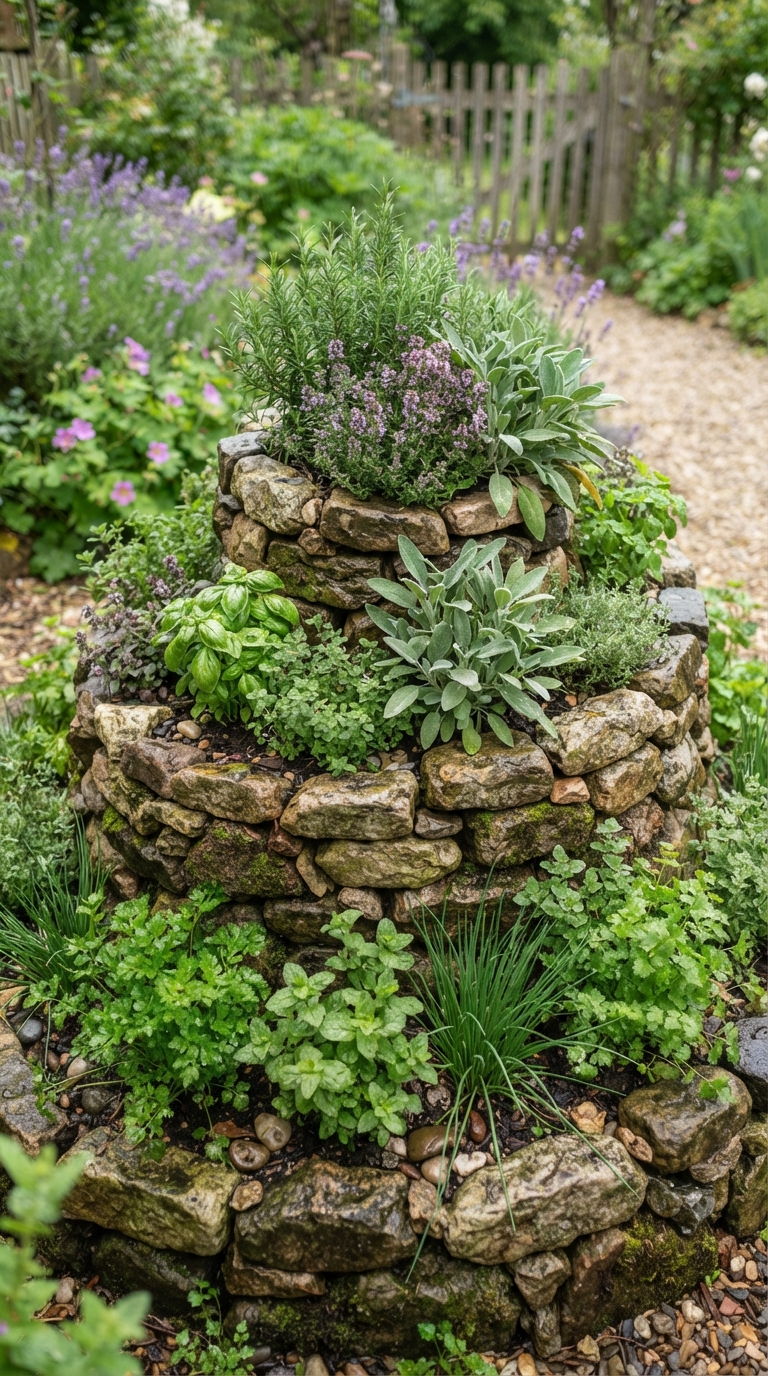 Stone herb spiral garden with herbs growing at different heights