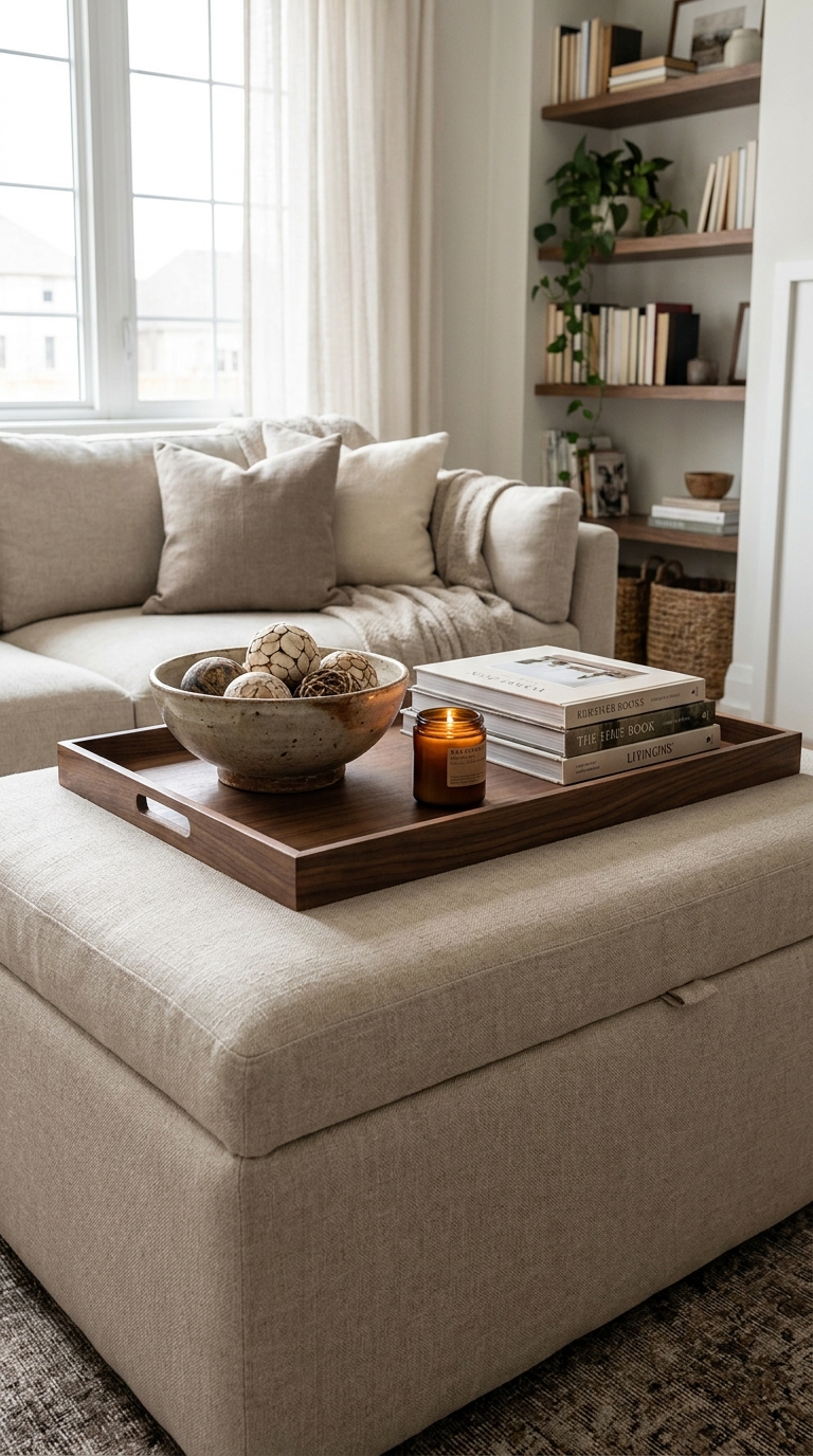 Upholstered storage ottoman styled as a coffee table with a wooden tray.