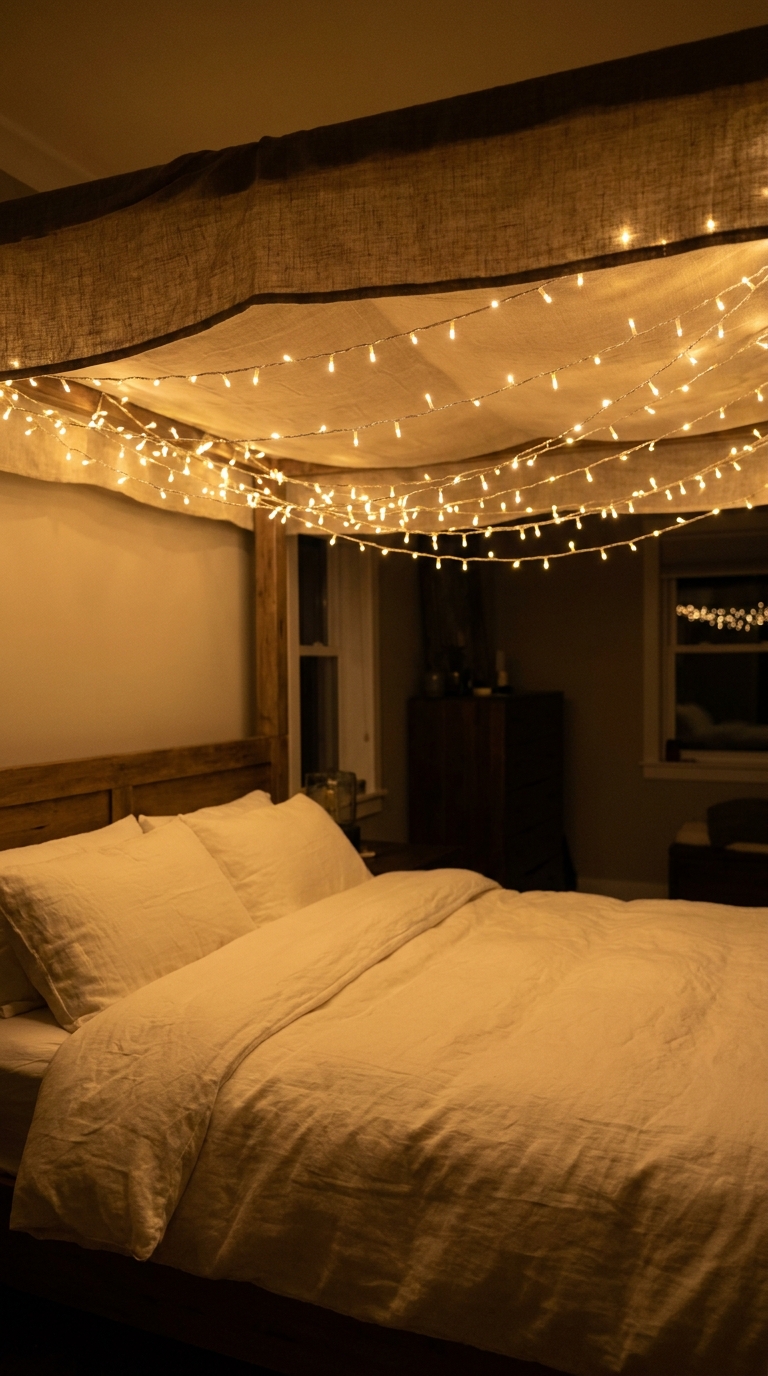 Bed with a canopy frame draped in warm-white string lights