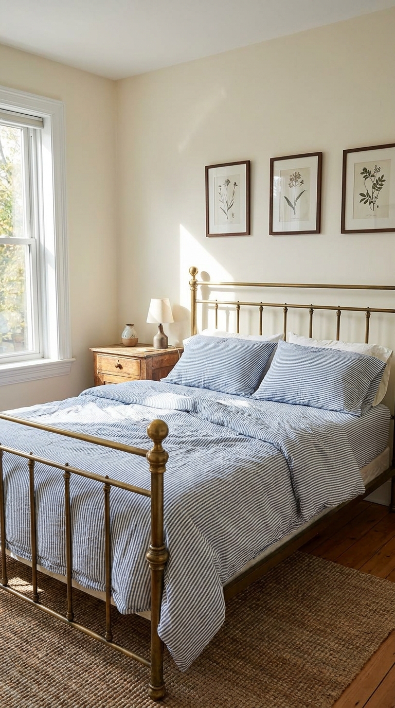 French country bedroom with striped bedding and brass bed frame