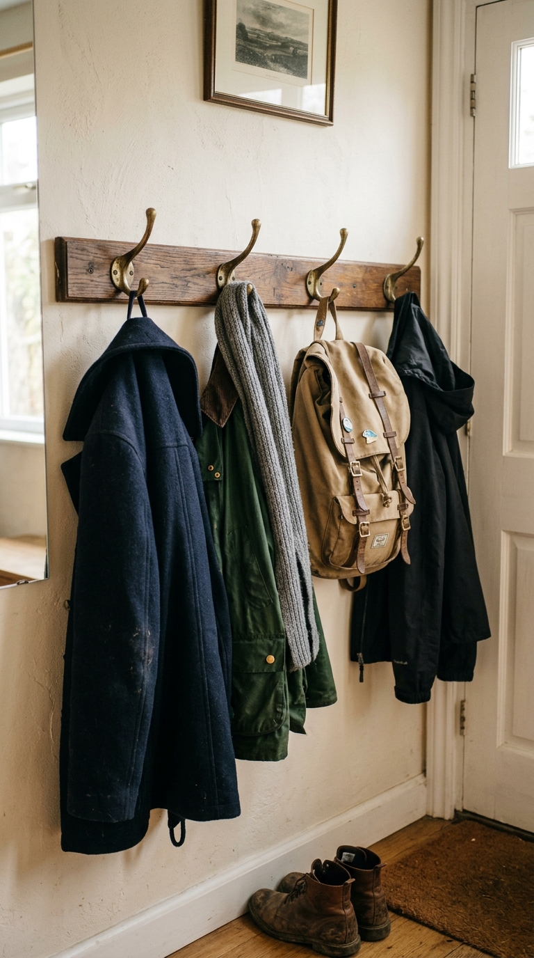 Coat hooks mounted into wall studs in a small entryway with no closet