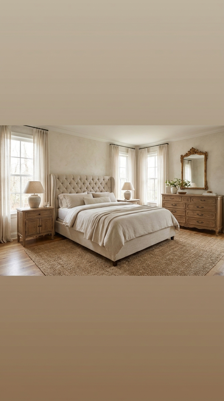 Symmetrical French country bedroom with matching nightstandsSymmetrical French country bedroom with matching nightstands