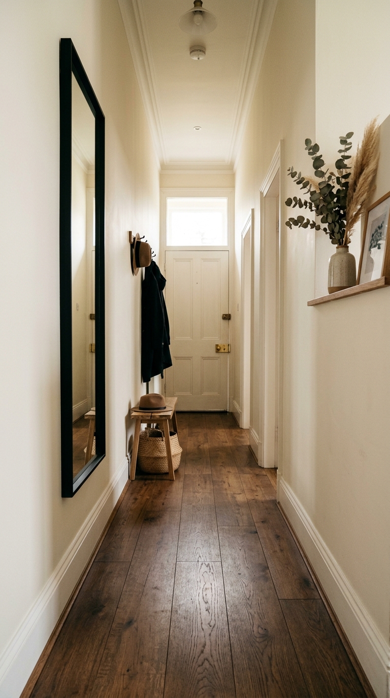 Tall narrow mirror on a hallway wall making a small entryway feel taller