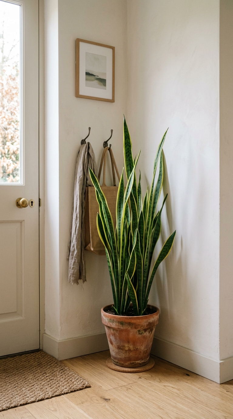 Tall snake plant in a corner of a small entryway