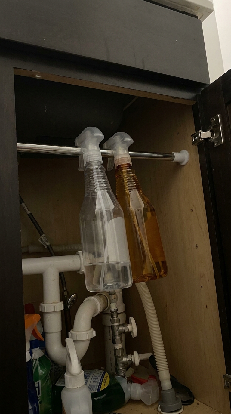 Tension rod holding spray bottles under bathroom sink