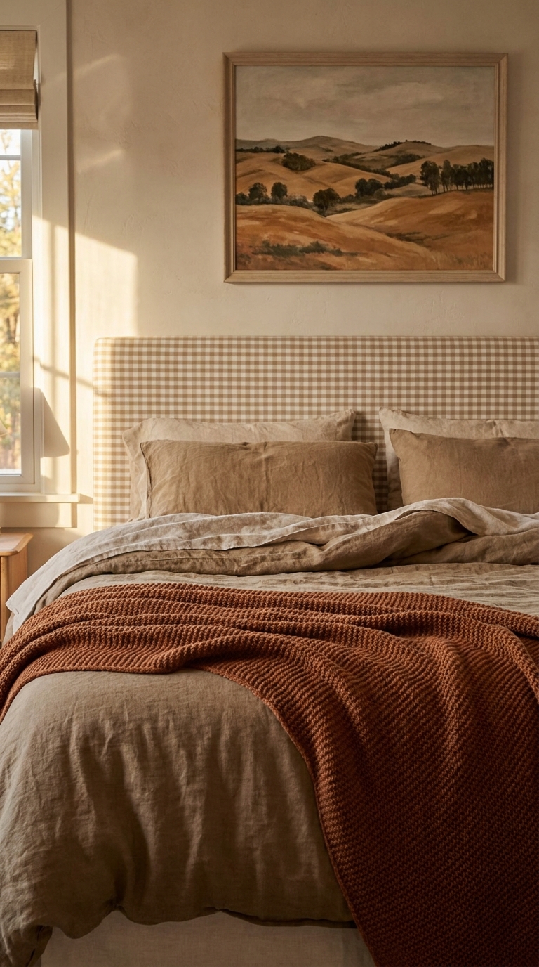 Text: Bed with a rust-colored throw over a gingham headboard and muted landscape art