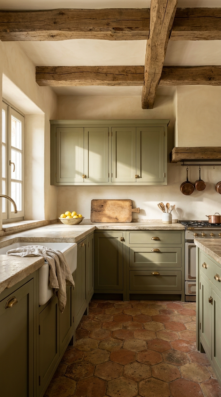 Rustic Italian farmhouse kitchen with olive green cabinets, terracotta flooring, warm wood beams, and natural stone details.