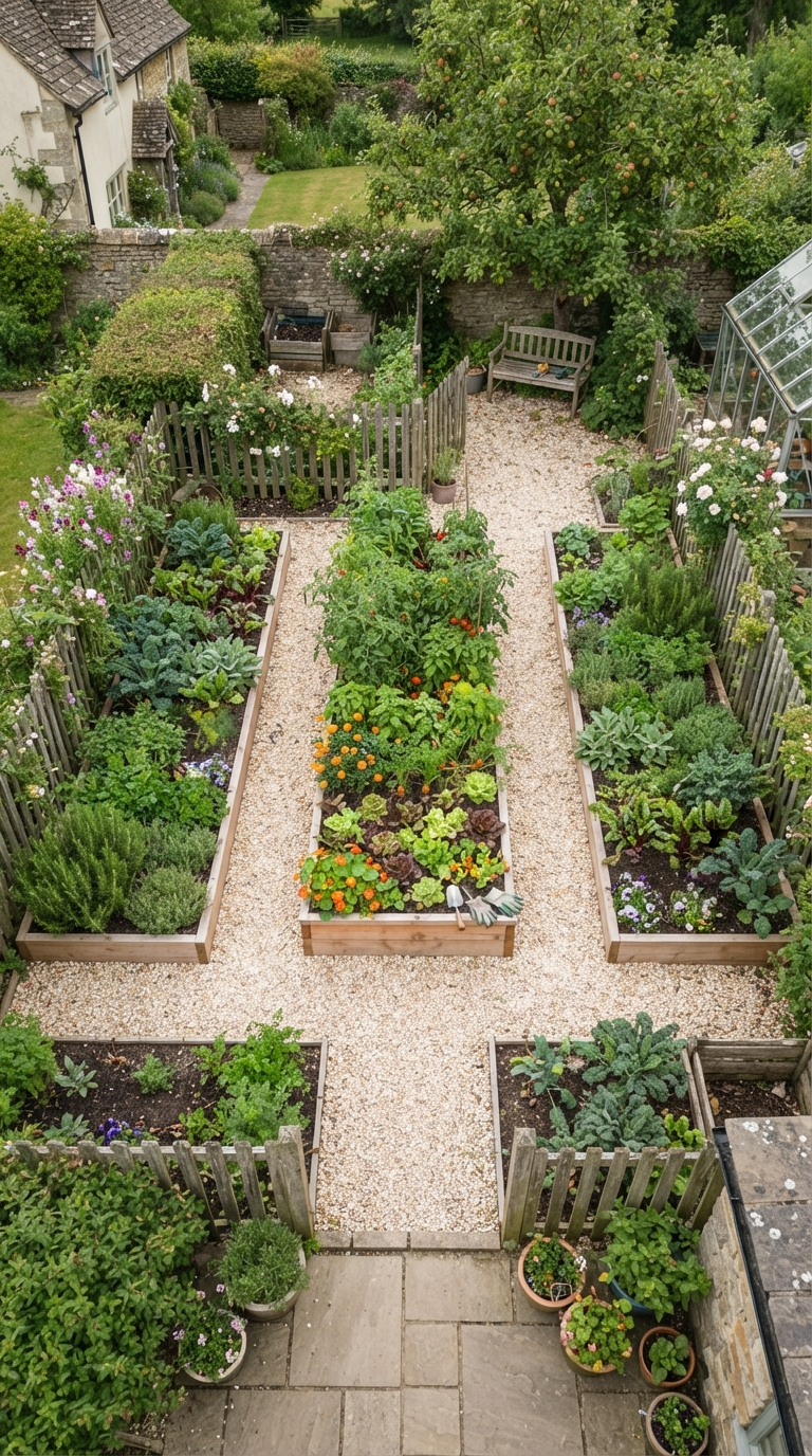 Small symmetrical three-bed potager garden with gravel paths and vegetables