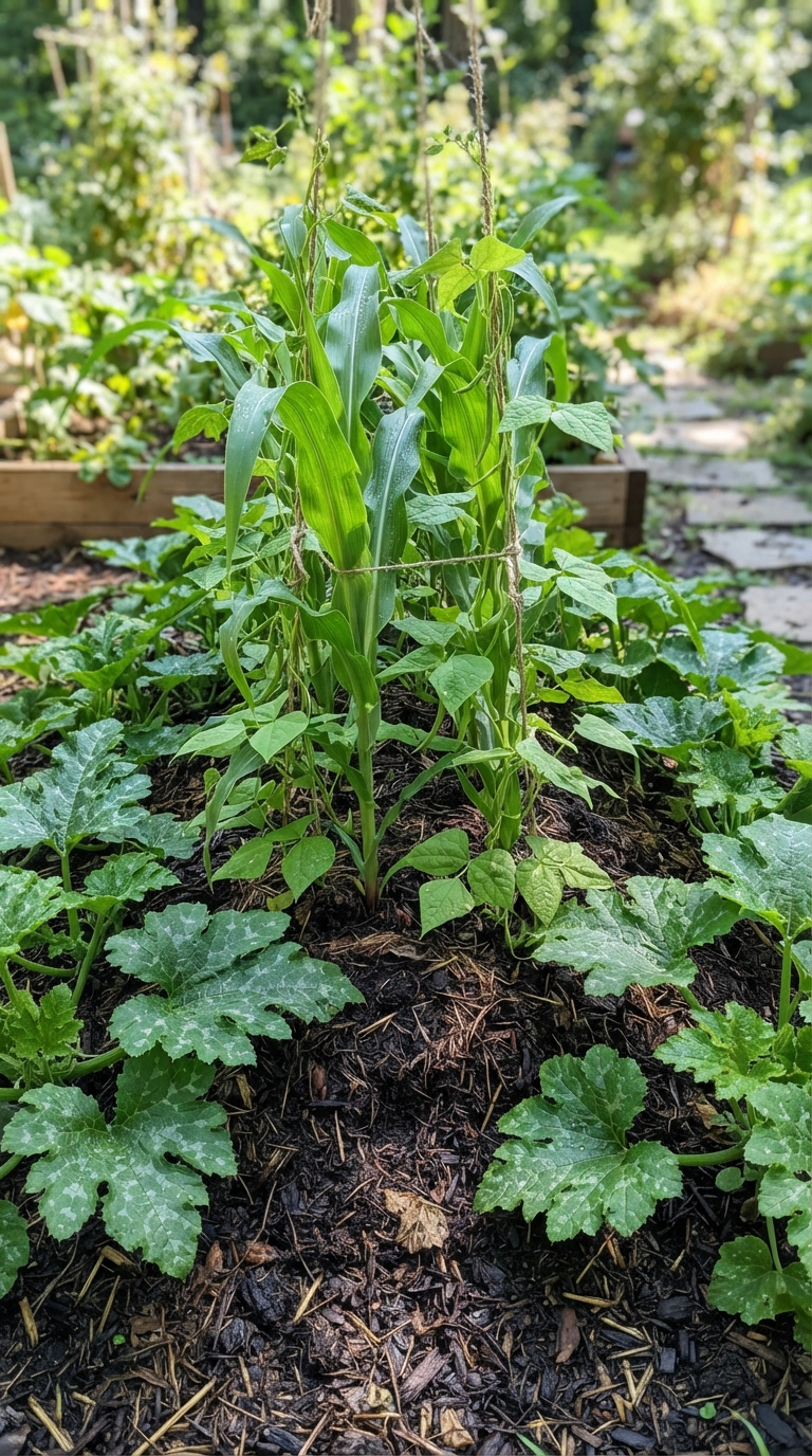 Three sisters garden mound growing corn, climbing beans, and squash together