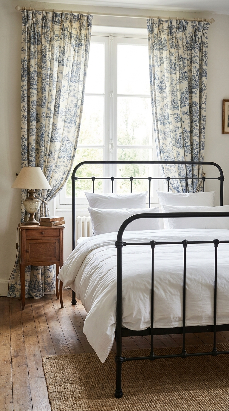 French country bedroom with blue and white toile curtains