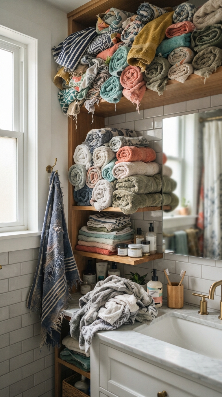 Common bathroom towel styling mistakes including clutter and mismatched towels