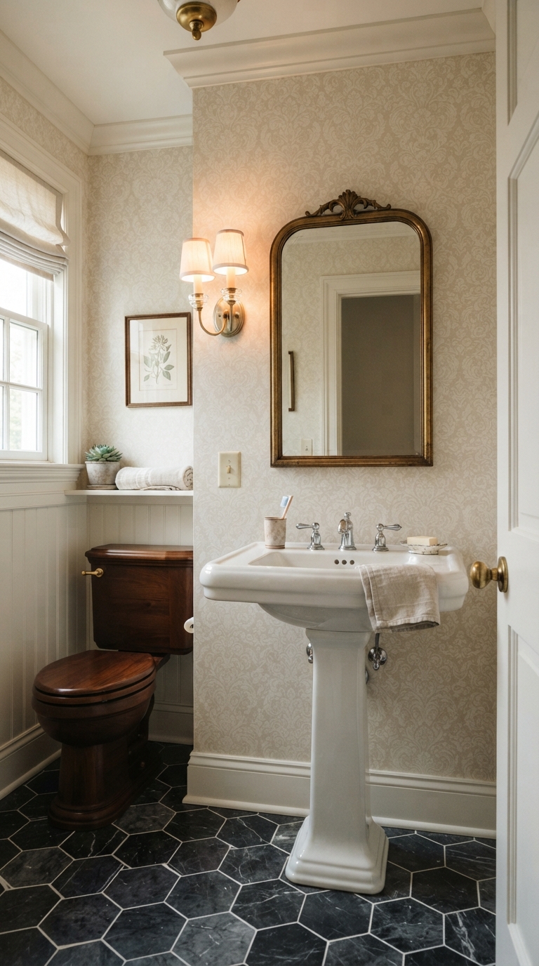 Traditional half bathroom with pedestal sink and classic fixtures