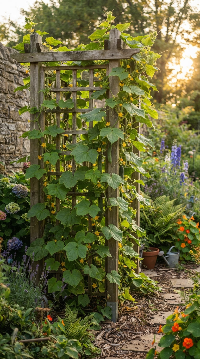 Wooden trellis covered with climbing cucumber vines in a garden corner