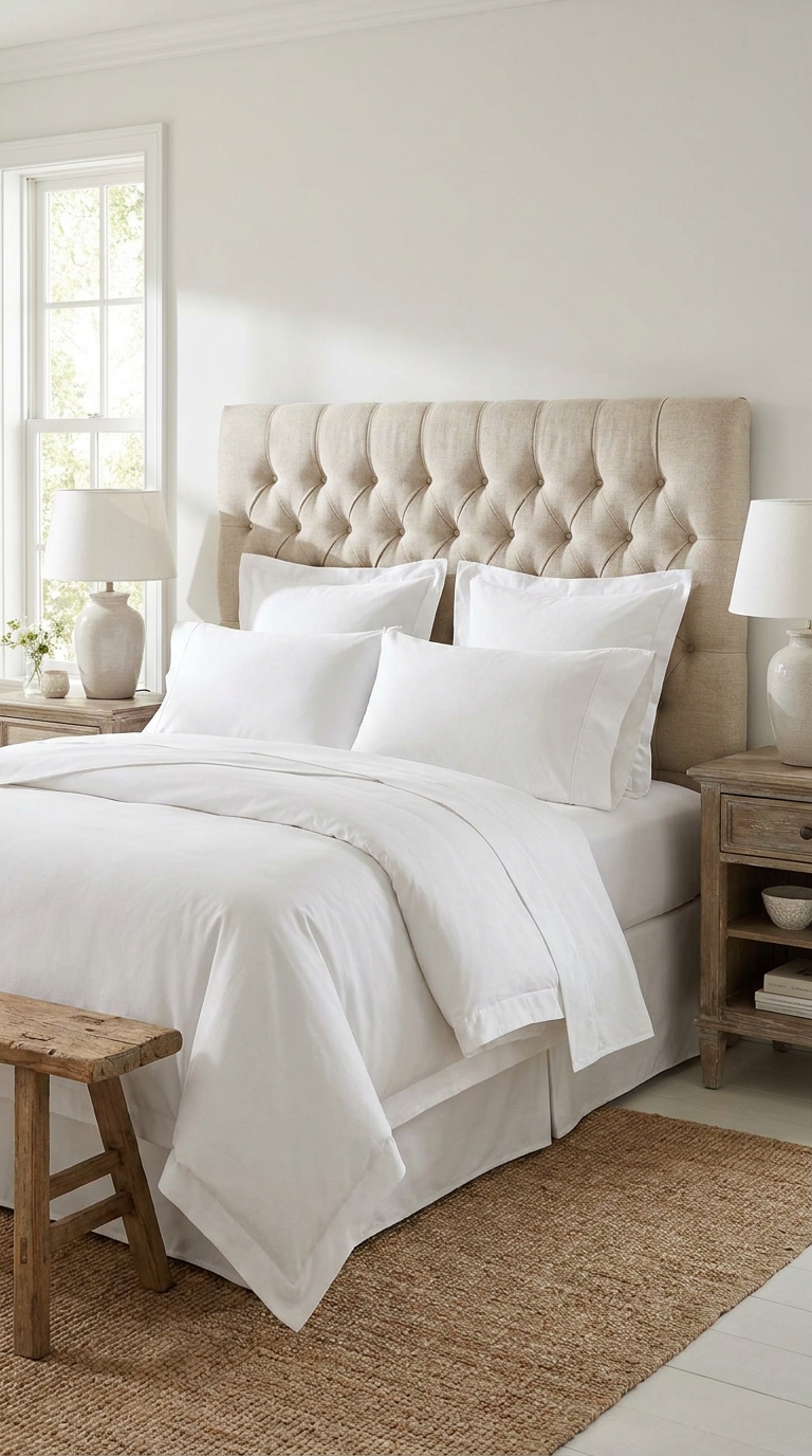 French country bedroom with a tufted upholstered headboard
