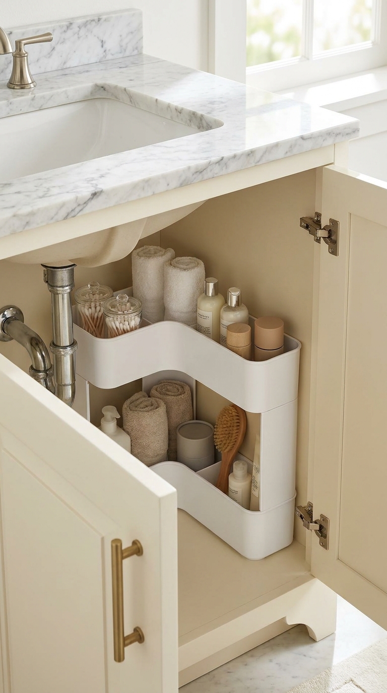 U-shaped storage caddy organized around bathroom sink pipe