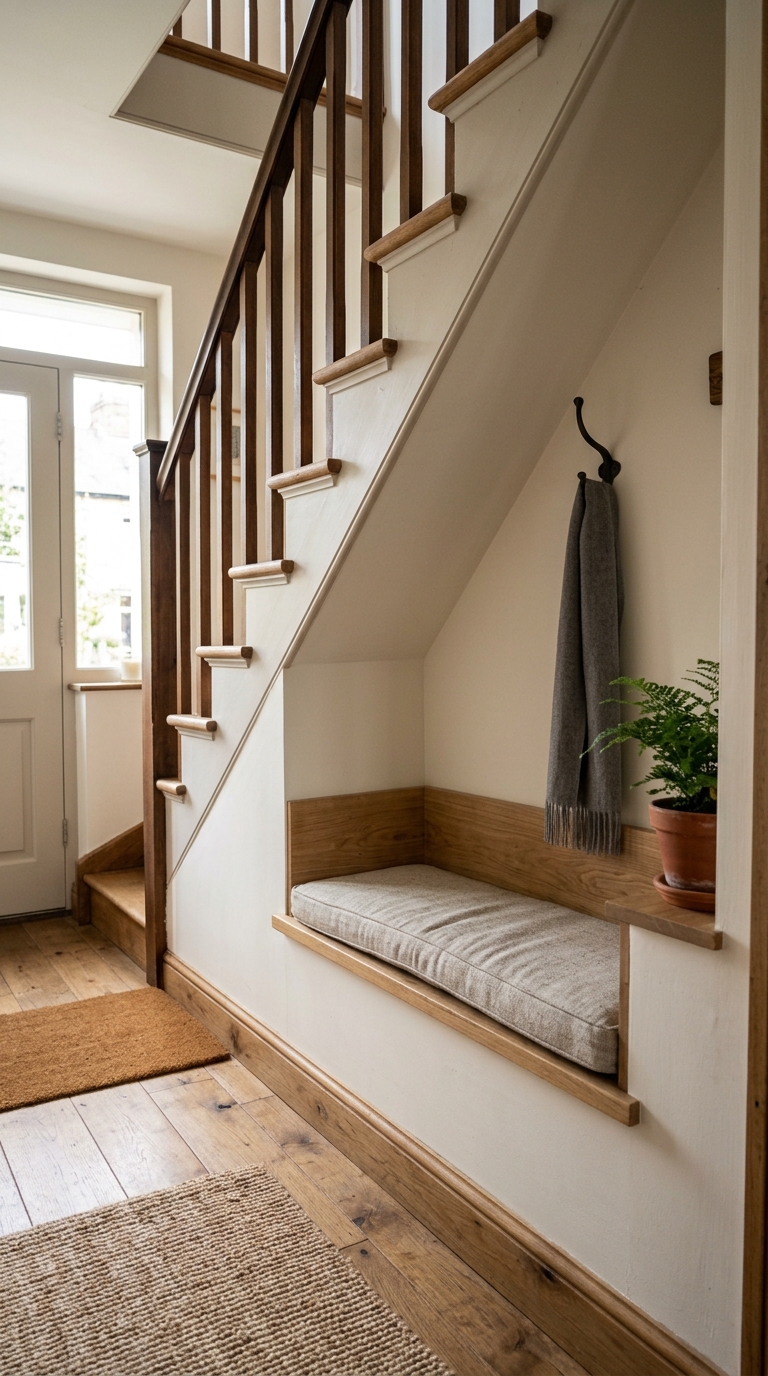 Bench built into the space under the stairs in a small entryway