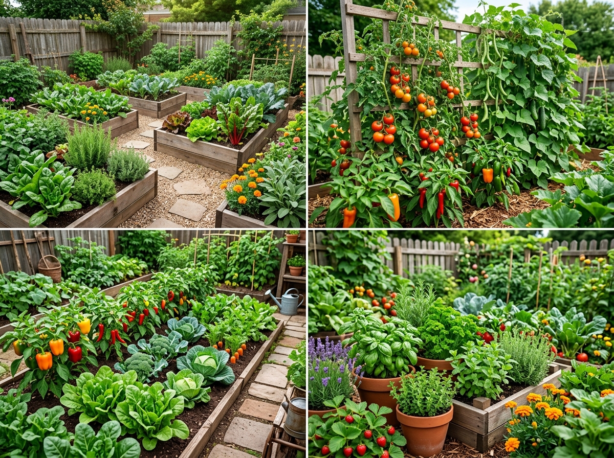 Vegetable garden ideas with raised beds, fresh vegetables, herbs, and productive backyard planting