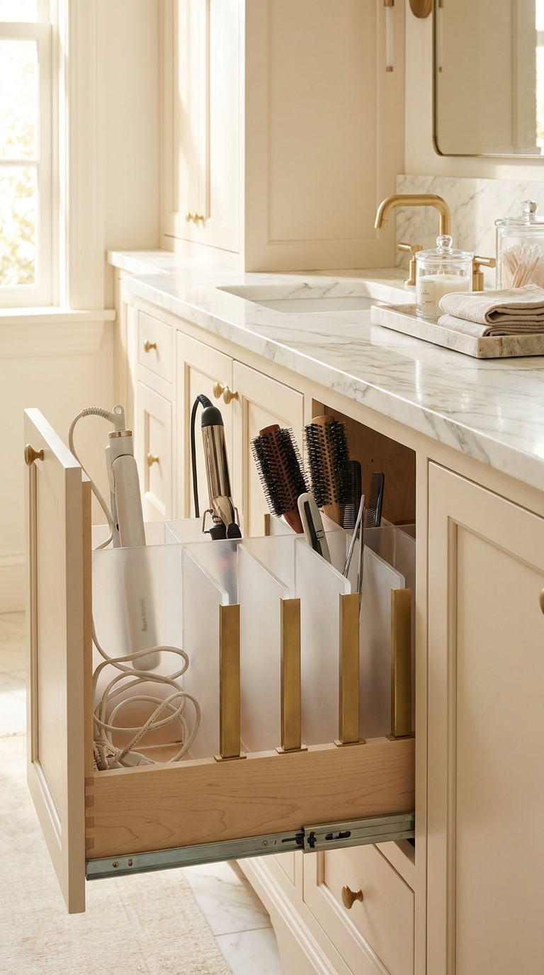 Vertical file-style bins storing flat hair tools under bathroom sink