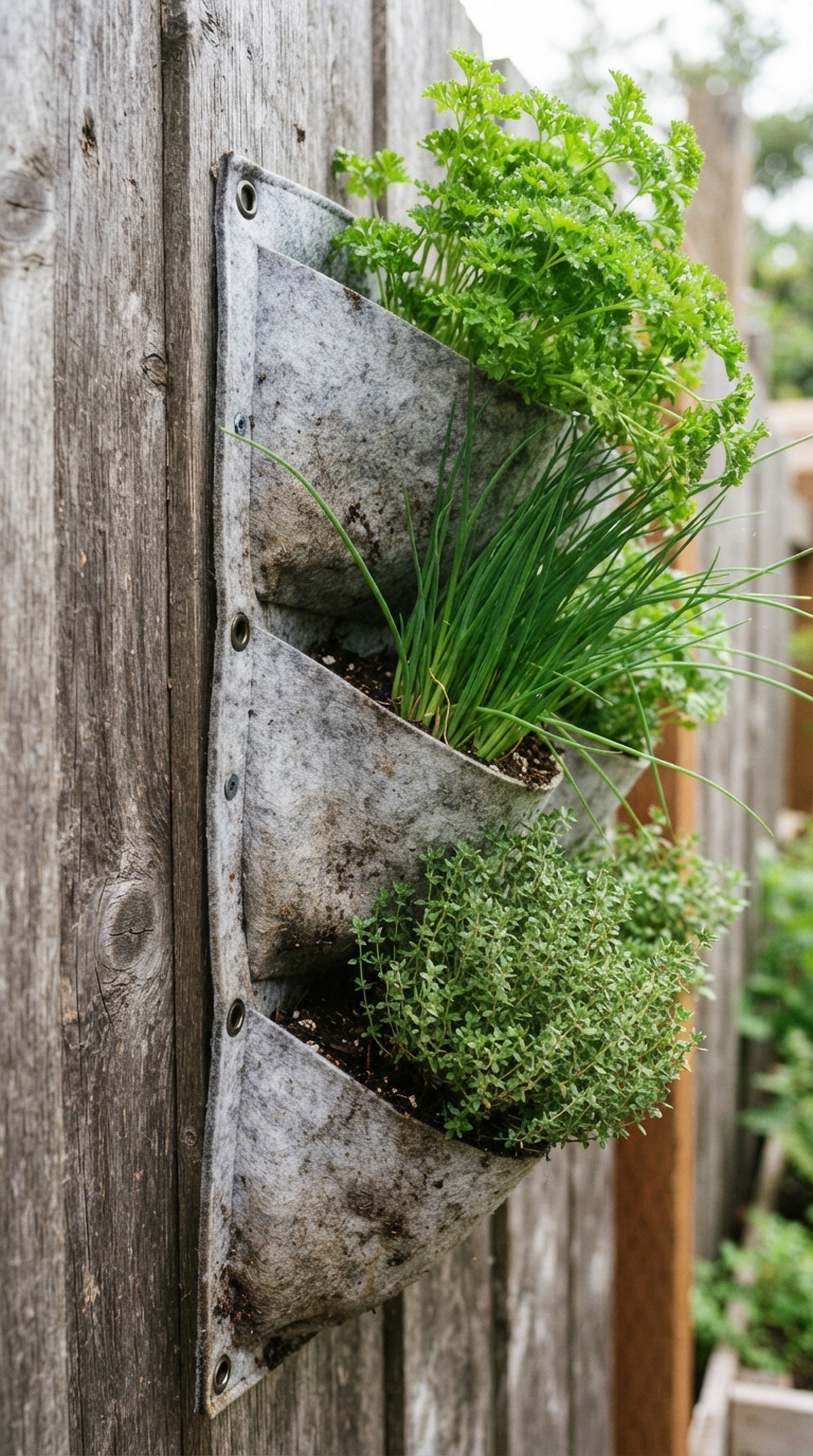 Vertical pocket herb wall planter mounted on a wood fence with thyme, chives, and parsley