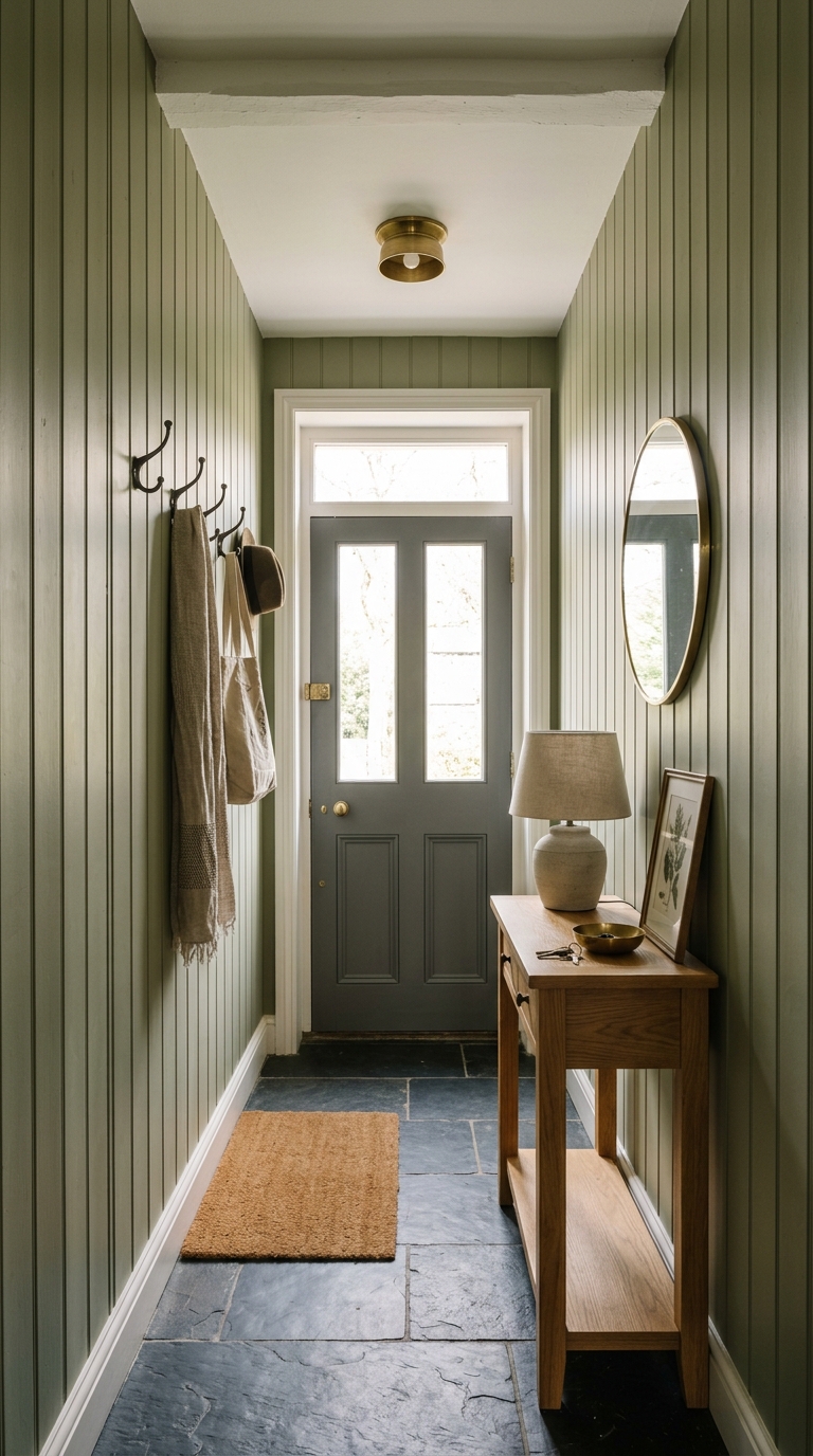 Vertical tongue-and-groove paneling making a small entryway feel taller