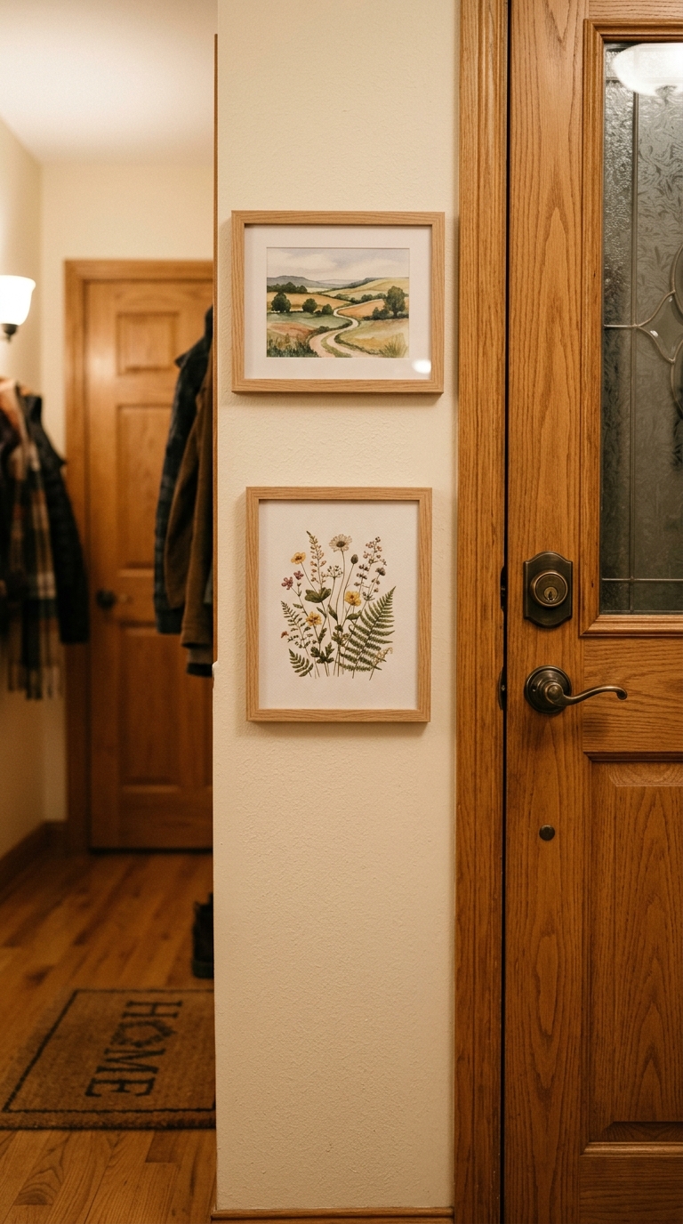 Two stacked art prints decorating a narrow entryway wall strip