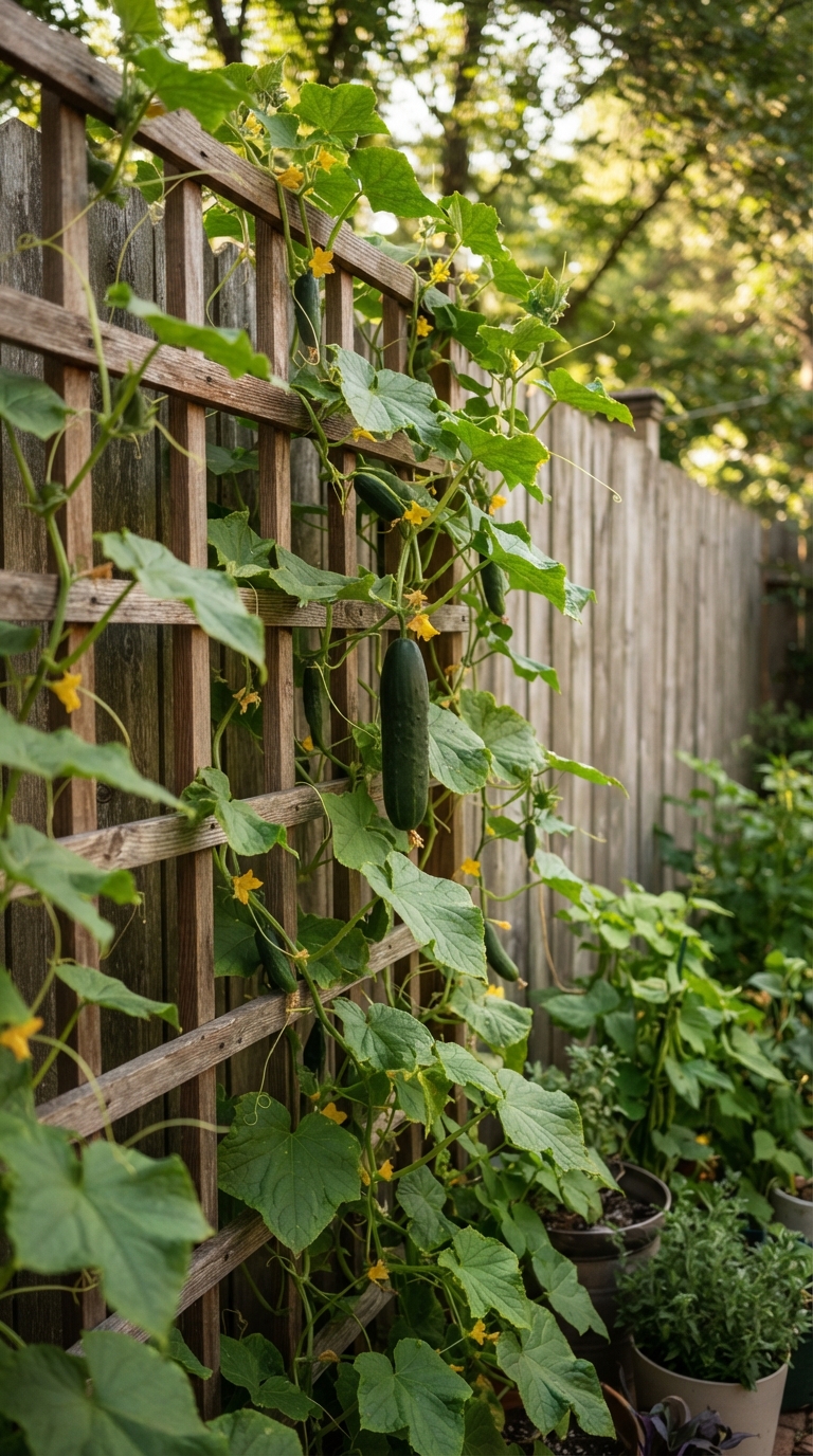 Vertical trellis wall with climbing cucumber and bean vines against a backyard fence