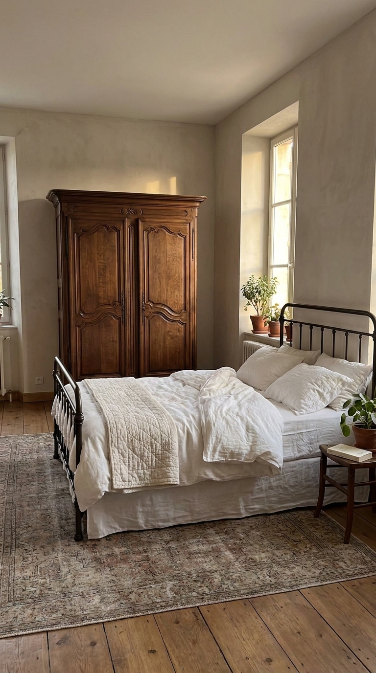 French country bedroom anchored by a vintage wood armoir