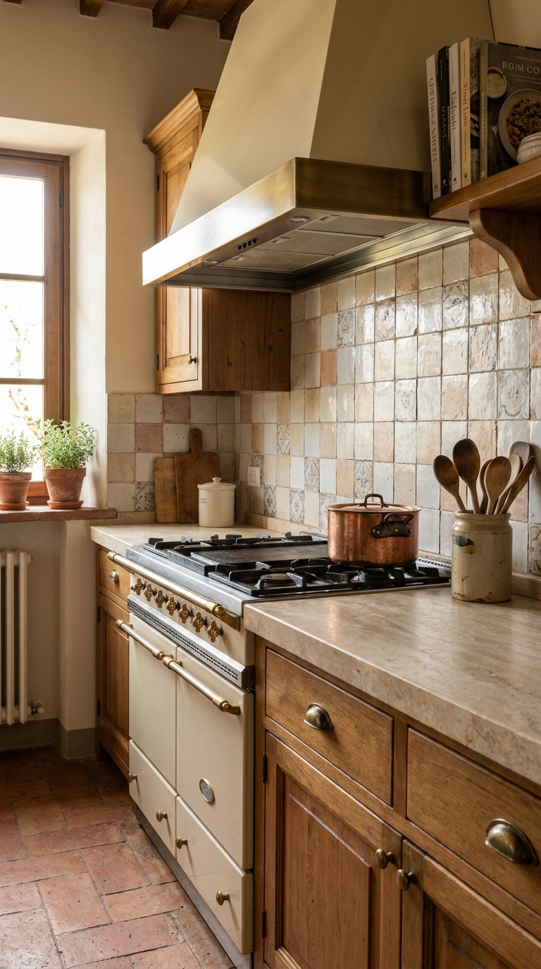 Italian-inspired kitchen with a vintage-style range, patterned tile backsplash, brass knobs, and warm traditional details.