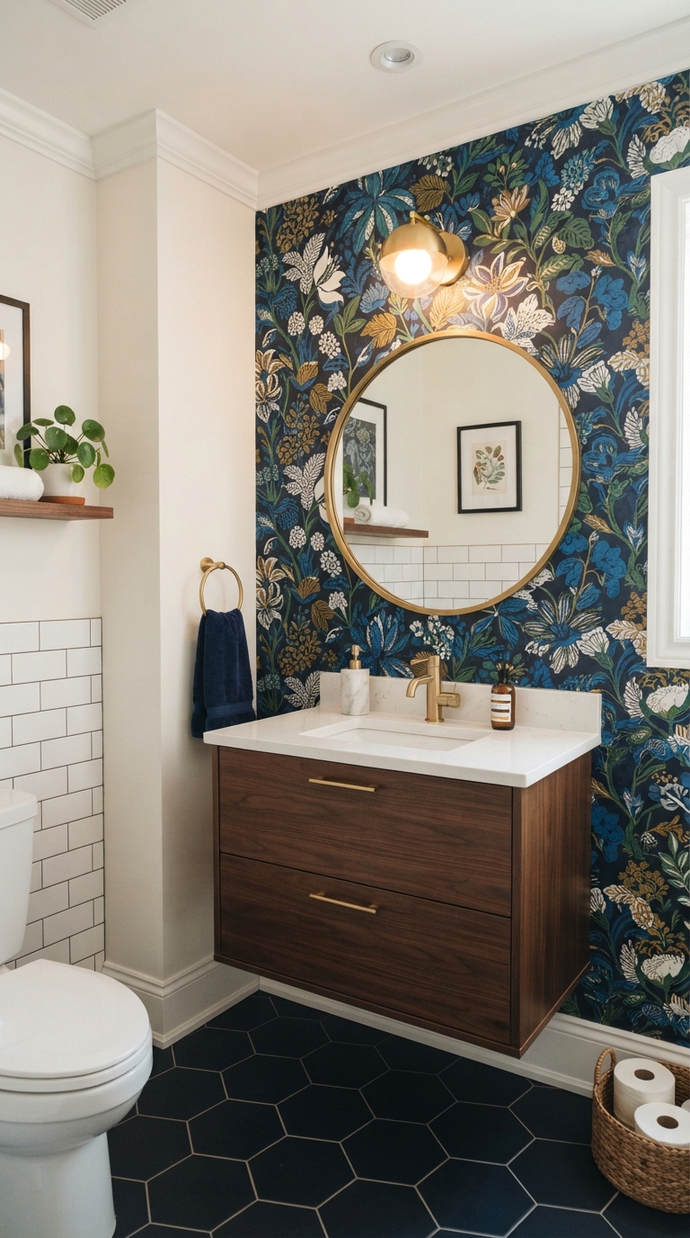 Statement wallpaper accent wall in a half bathroom