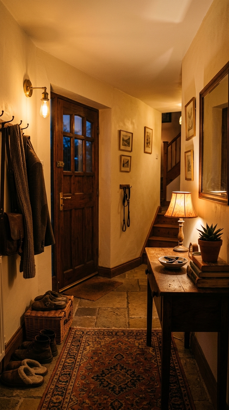 Warm-toned low lighting in a cozy small entryway